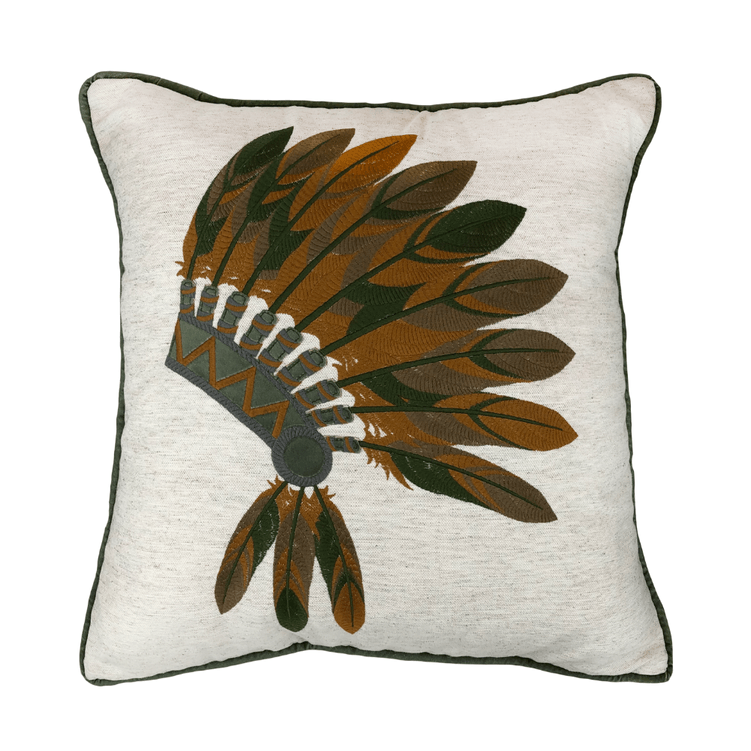 Almofada Linho Cru Cocar Verde Bordada 2 52X52cm - Decortextil Almofada Linho Cru Cocar Verde Bordada 2 52X52cm - Decortextil